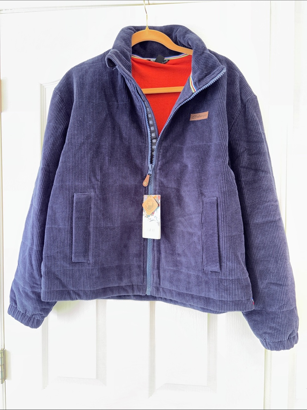 Woman’s Corduroy Zip-Up Jacket in Navy with Orange Liner